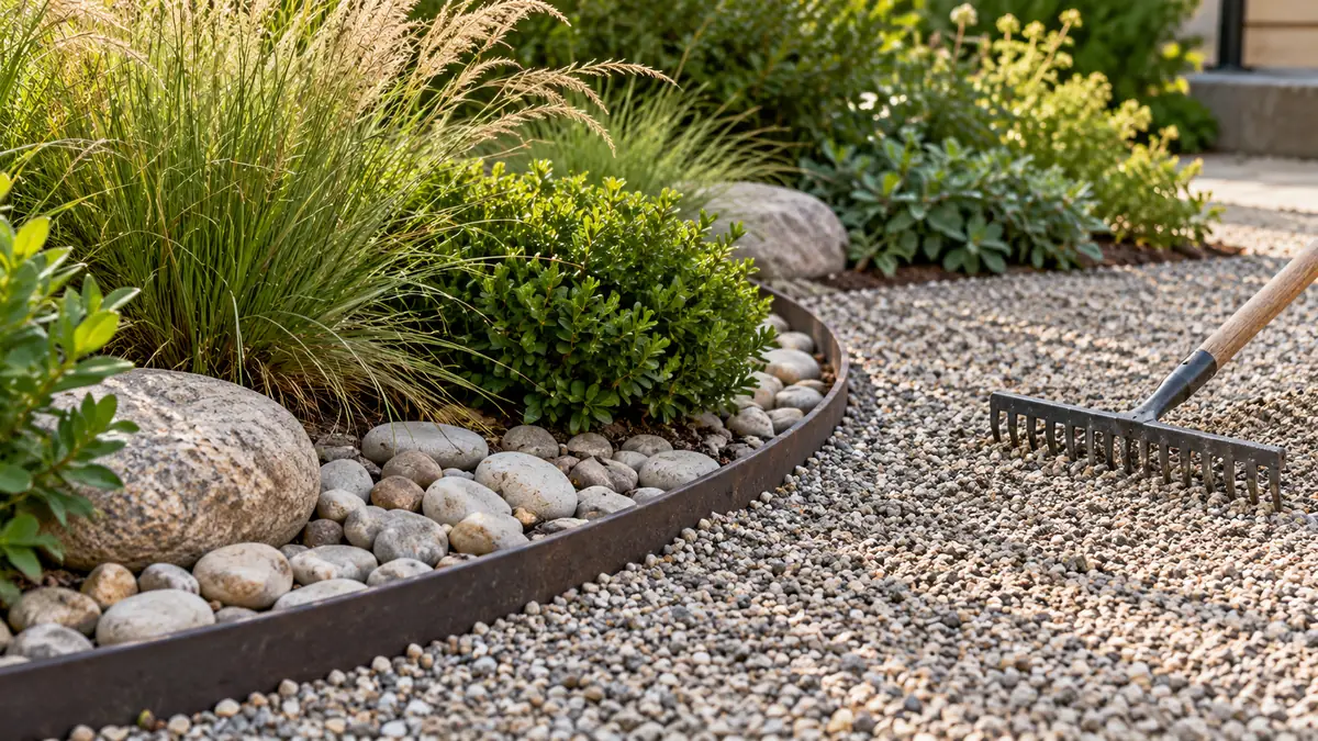 River stones around planted shrubs beside a curved border and a small-gravel path with a resting garden rake.