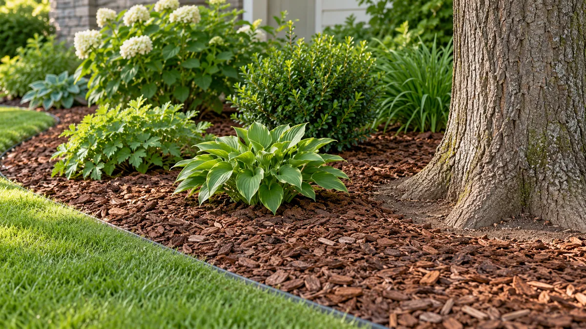 Bark mulch around green garden plants, with the tree’s root flare and plant stems left clear.