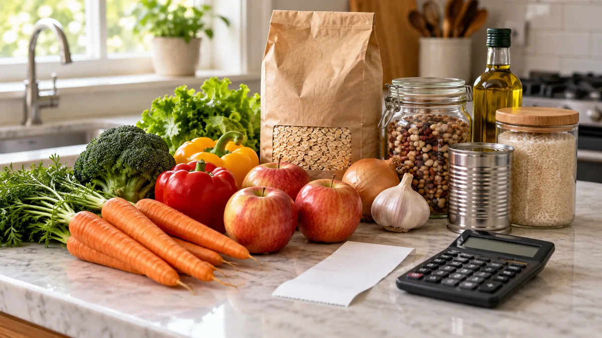 Fresh produce and plain pantry groceries beside a blank-backed receipt and a calculator on a kitchen counter.
