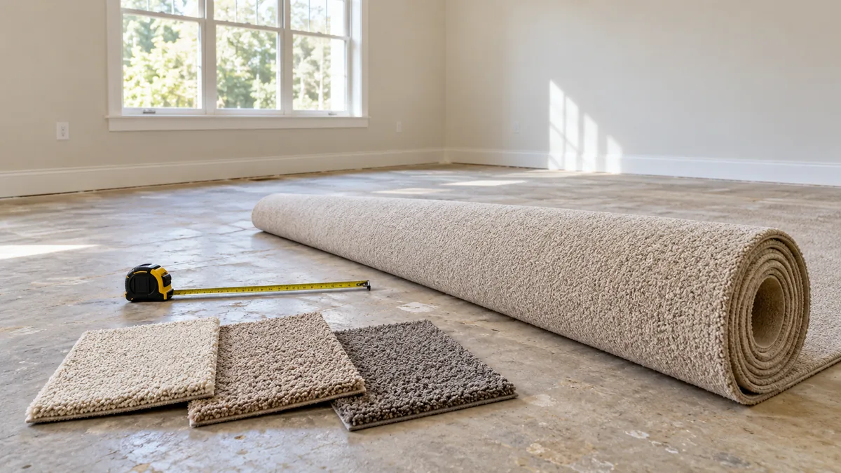 Partly unrolled beige carpet in a bright room, with a tape measure and three carpet samples on the floor.