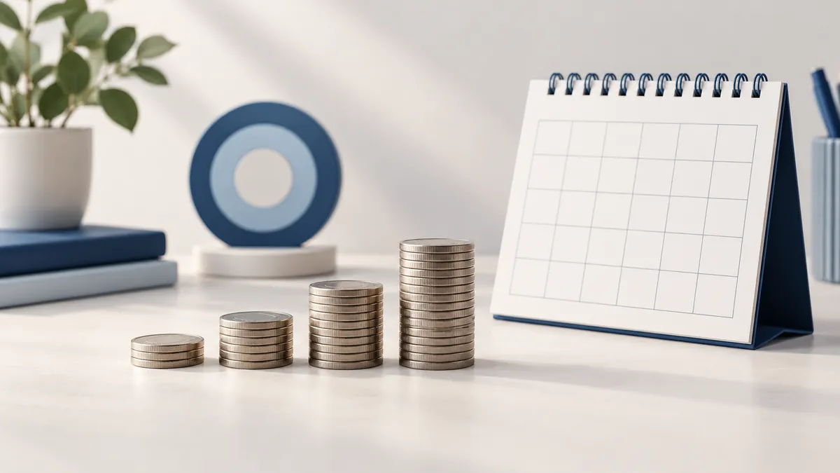 Stacks of plain coins beside a blank calendar and a blue circular target.