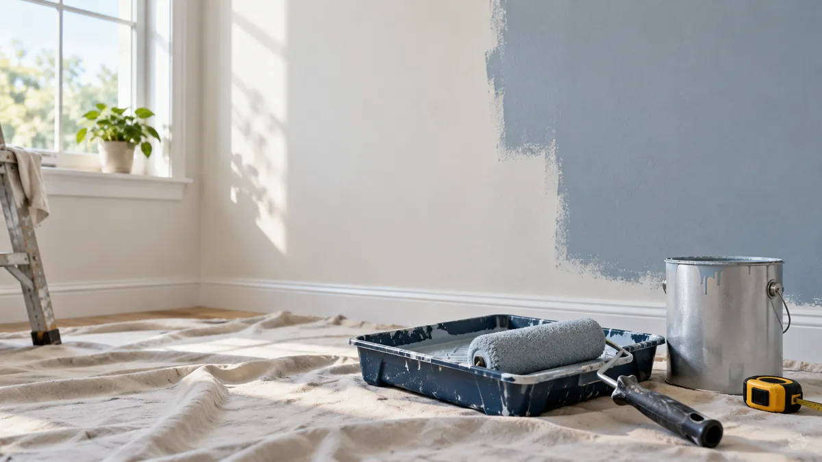 Paint roller and tray beside a partly painted interior wall and measuring tape.