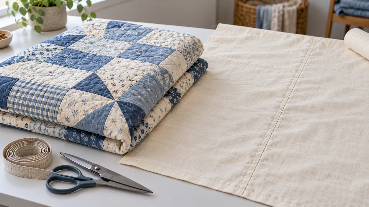 Blue-and-cream quilt beside joined panels of plain backing cotton and sewing scissors.