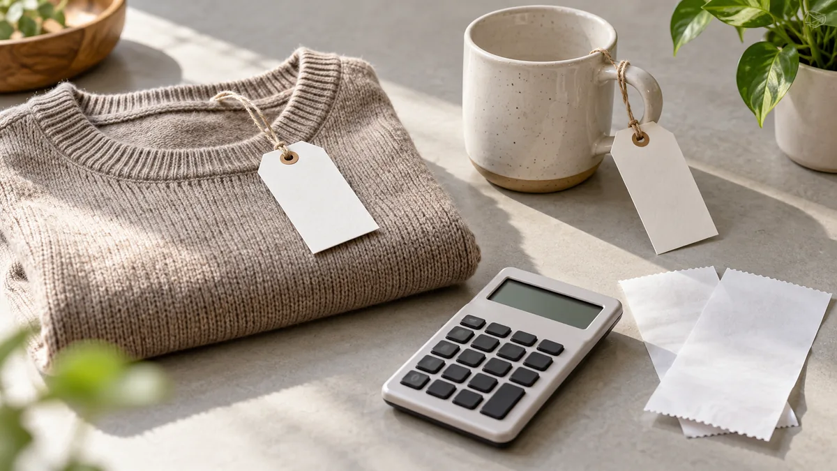Folded sweater and plain mug with blank tags, a calculator and blank-backed receipts on a tabletop.