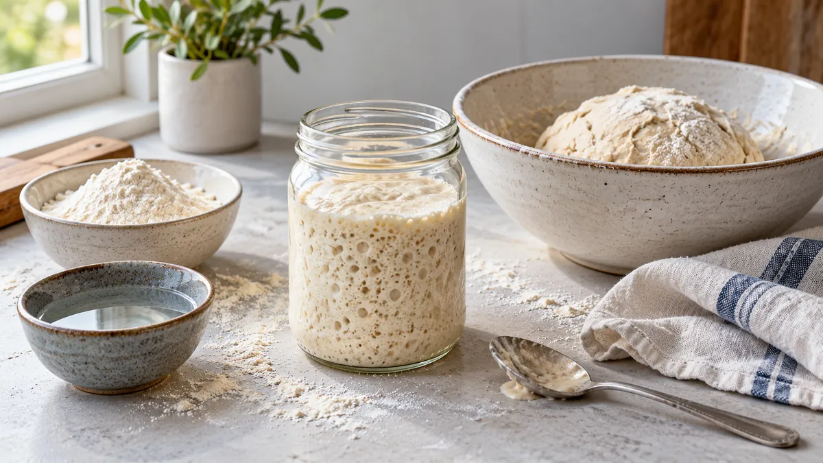 Jar of bubbly sourdough starter beside bowls of flour and water.